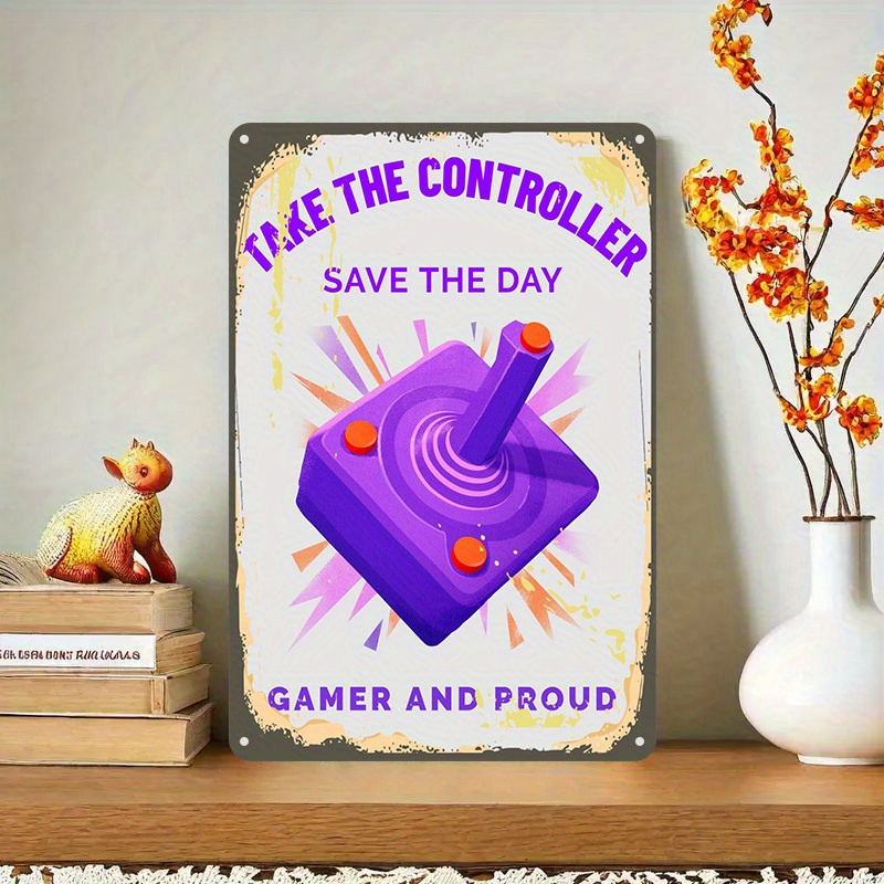 Arcade No - 面白いゲームコントローラーのブリキ看板 - 「Take The Save Day」紫と黄色のアーケード装飾ヘビーデューティーメタルポスター